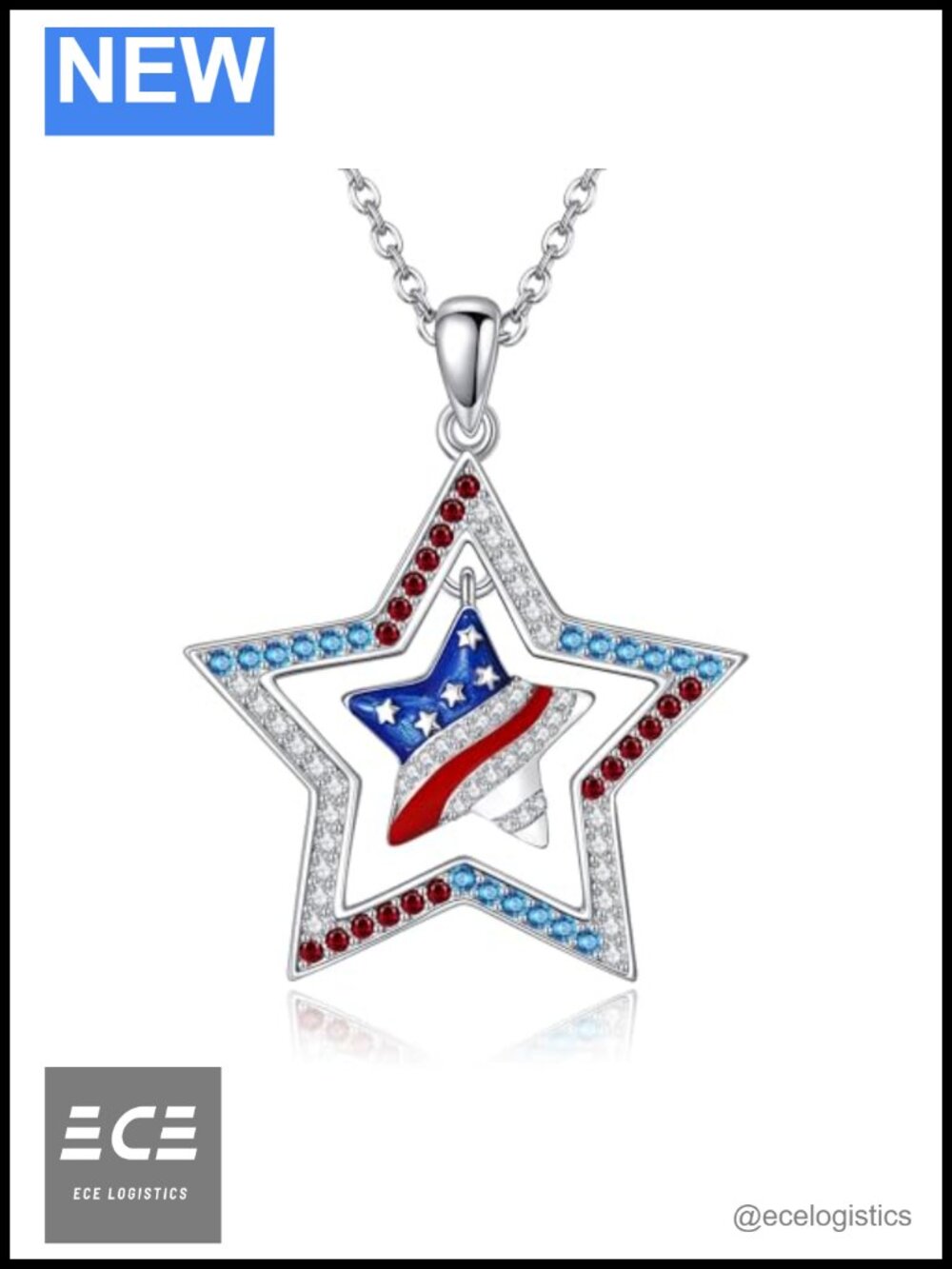 925 Sterling Silver American Flag Pendant Necklace 18+2" Adjustable